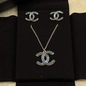 NWOT CHANEL BLUE Baguette CC Crystal Necklace and Earring Set